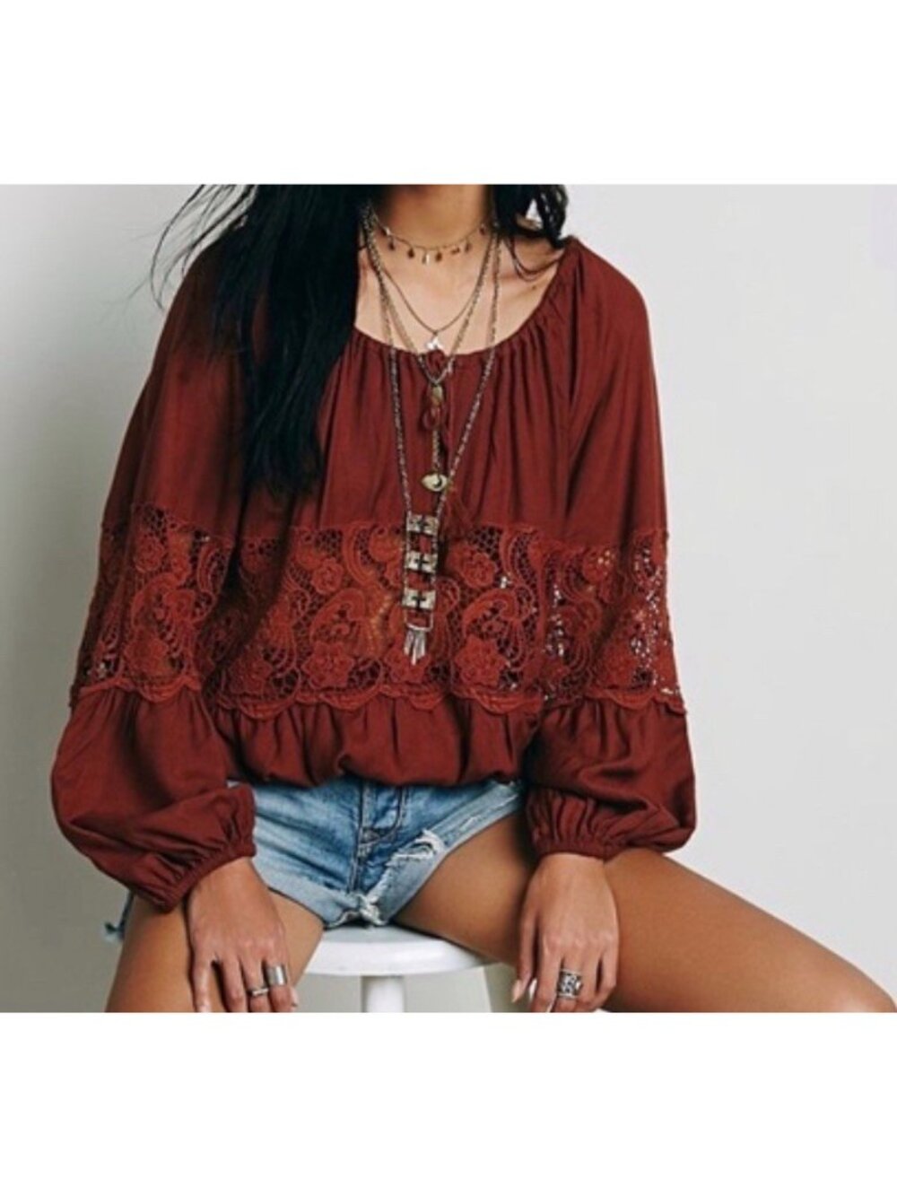 Free People Women’s Oversized Peasant Top Size S Crochet Details Long Sleeves